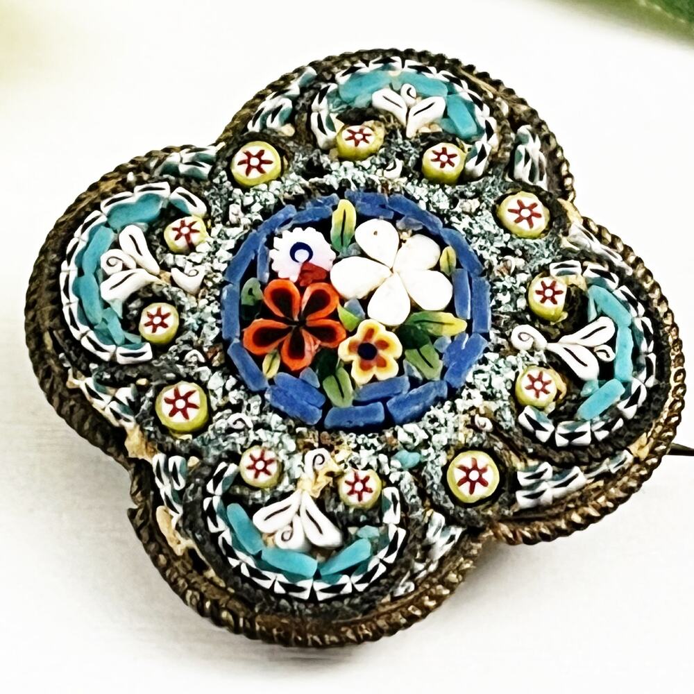 Antique Micro Mosaic Floral Brooch Pin Victorian Made in Italy
